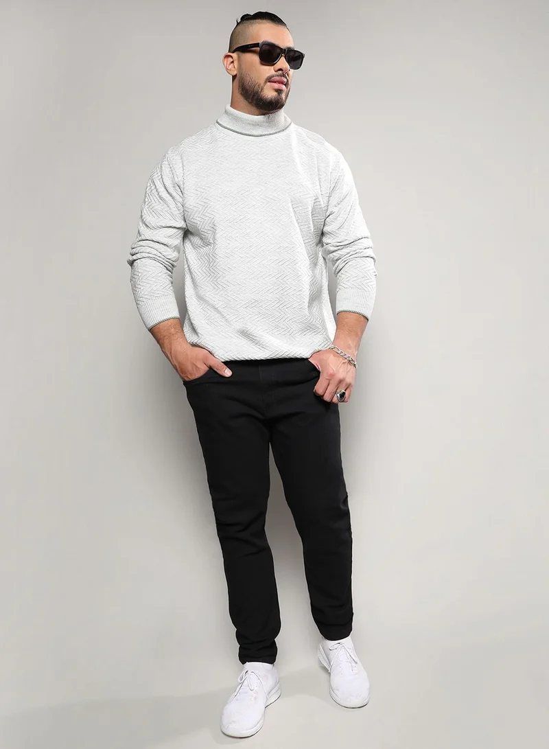 Instafab Plus  Men's Beige Herringbone Knitted Pullover Sweater For Casual Wear | Turtle Neck | Long Sleeve | Pull On Closure | Woll sweater Crafted With Comfort Fit For Everyday Wear for Men | Best Price UAE