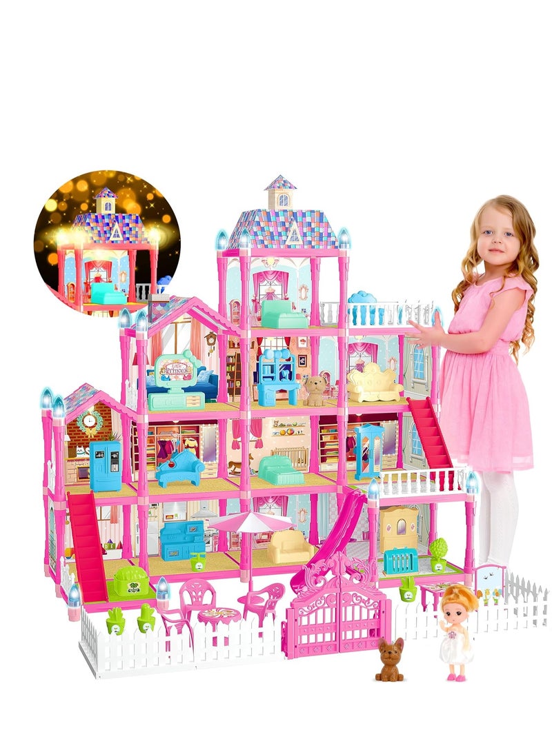 Doll House for Girls,13 Rooms Dollhouse with Dolls Figure, Puppies,Furnitures, Accessories, LED Light, Toddler Playhouse Gift for for 3 4 5 6 7 8 9 10 Year Old Girls Toys (Pink)  - Image 1