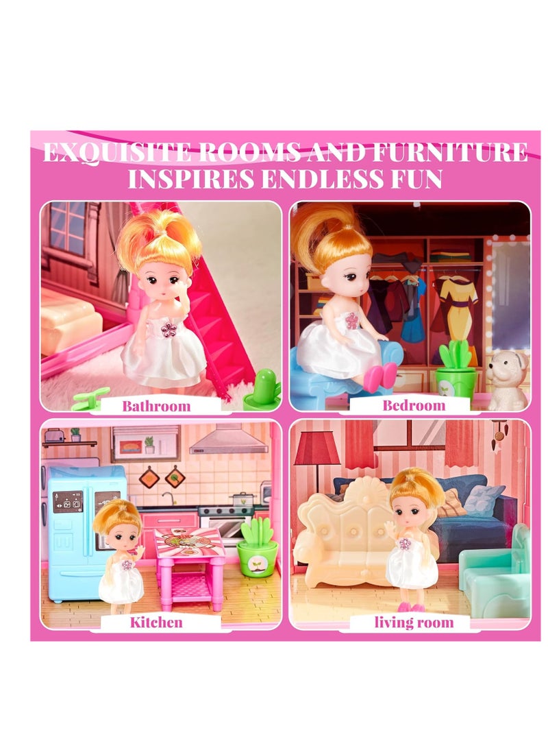 Doll House for Girls,13 Rooms Dollhouse with Dolls Figure, Puppies,Furnitures, Accessories, LED Light, Toddler Playhouse Gift for for 3 4 5 6 7 8 9 10 Year Old Girls Toys (Pink)  - Image 2