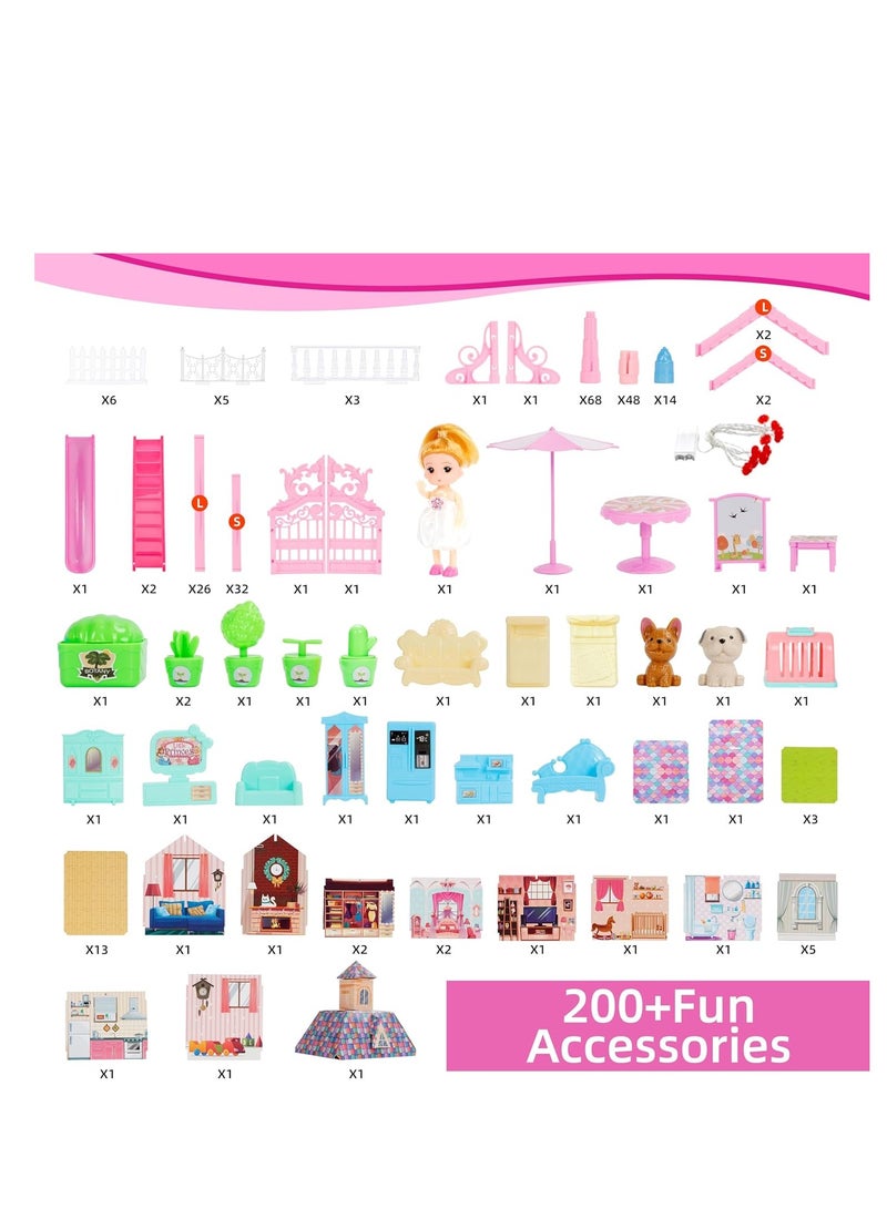 Doll House for Girls,13 Rooms Dollhouse with Dolls Figure, Puppies,Furnitures, Accessories, LED Light, Toddler Playhouse Gift for for 3 4 5 6 7 8 9 10 Year Old Girls Toys (Pink)  - Image 3
