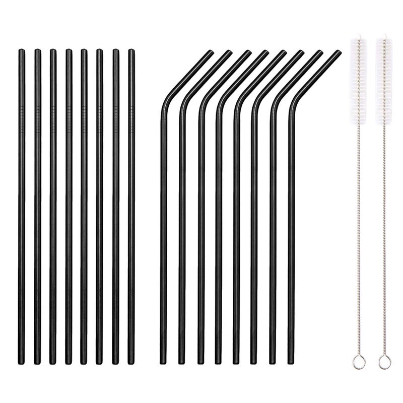 HOMQUEN 18 Piece Black Stainless Steel Straws 85  Reusable Drinking Strawswith Portable pouch 8 Straight8 Bent2 Brushes 