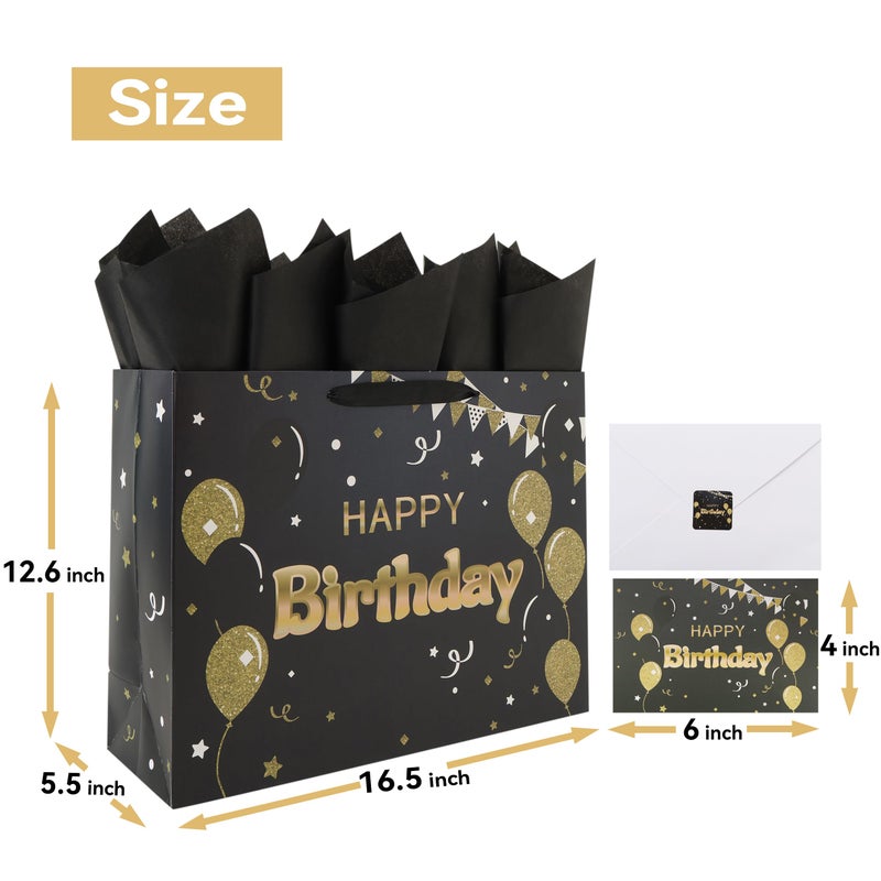 Qirrmiy 16.5â€ Extra Large Black Happy Birthday Gift Bag Set with Handles, Greeting Card, Tissue Papers and Stickers for Women Girls Men Boys, Balloons Design, 1 Pcs - Image 2