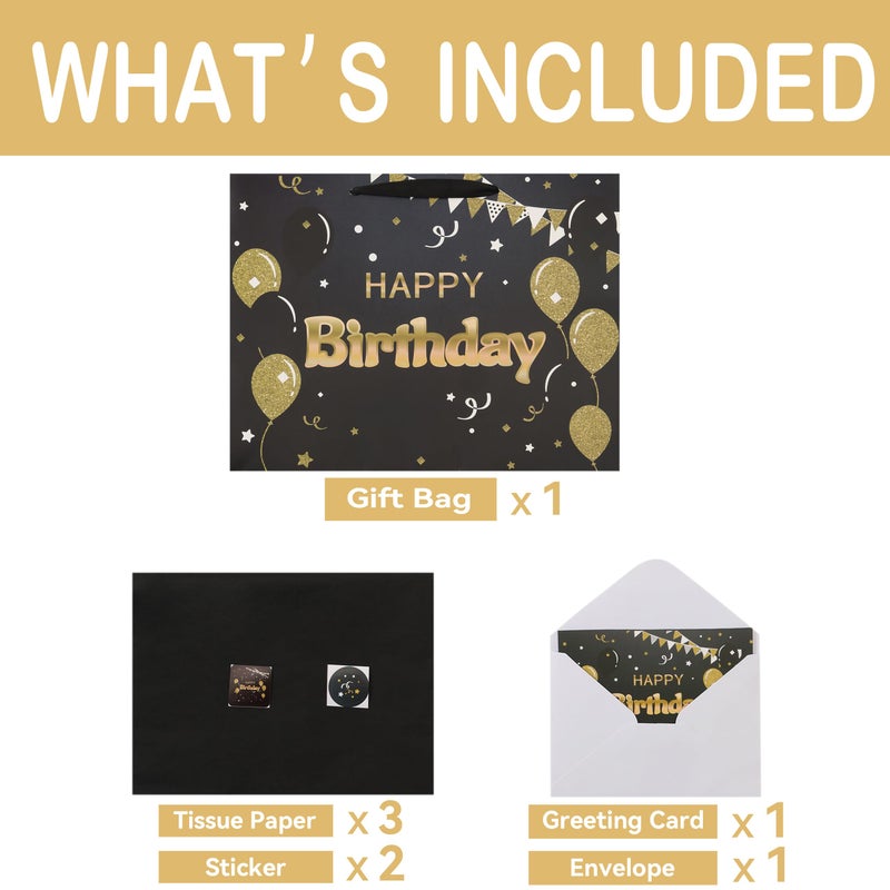 Qirrmiy 16.5â€ Extra Large Black Happy Birthday Gift Bag Set with Handles, Greeting Card, Tissue Papers and Stickers for Women Girls Men Boys, Balloons Design, 1 Pcs - Image 3