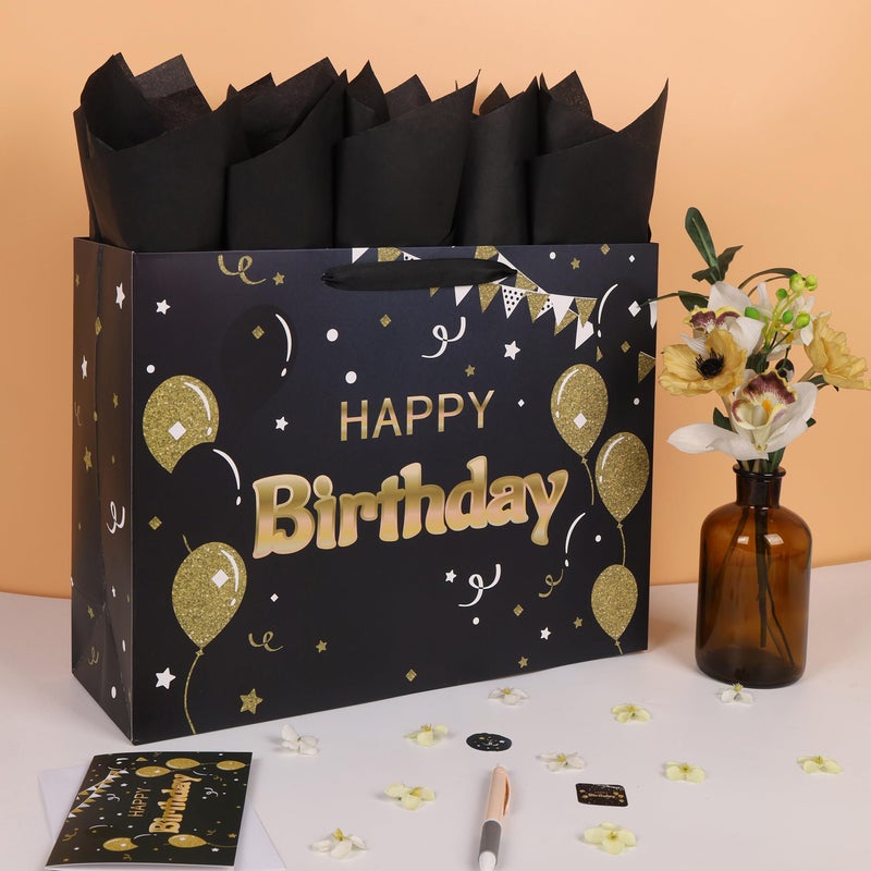 Qirrmiy 16.5â€ Extra Large Black Happy Birthday Gift Bag Set with Handles, Greeting Card, Tissue Papers and Stickers for Women Girls Men Boys, Balloons Design, 1 Pcs - Image 5