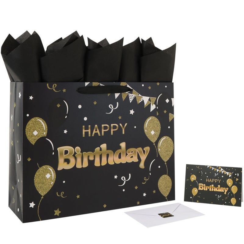 Qirrmiy 16.5â€ Extra Large Black Happy Birthday Gift Bag Set with Handles, Greeting Card, Tissue Papers and Stickers for Women Girls Men Boys, Balloons Design, 1 Pcs - Image 1