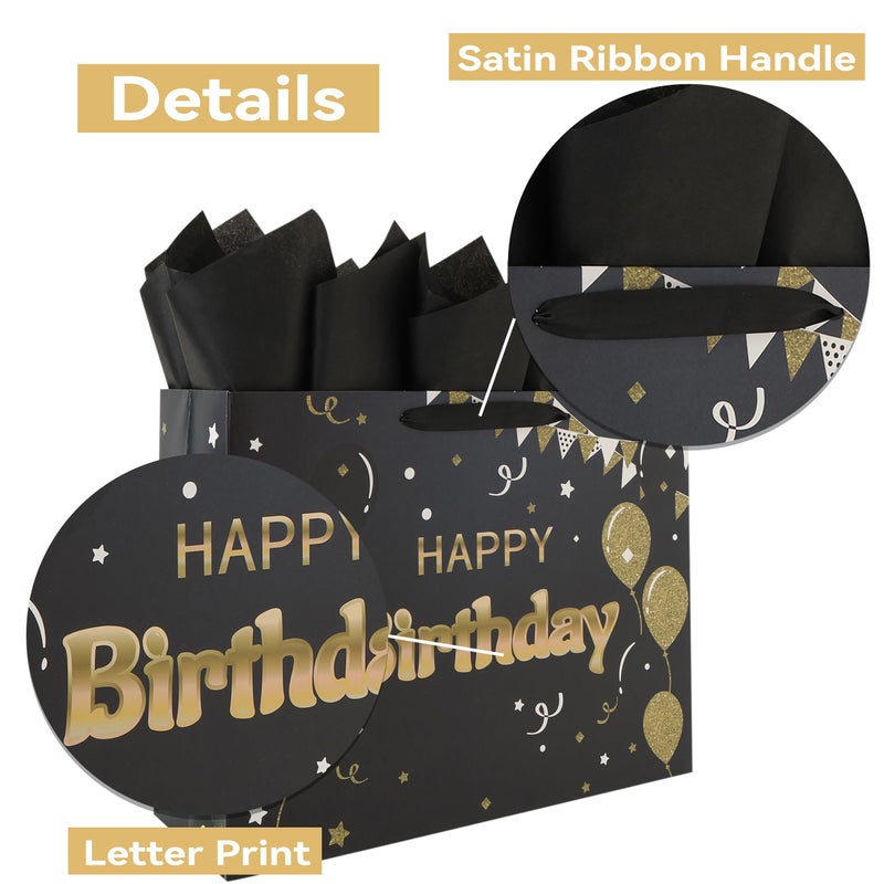 Qirrmiy 16.5â€ Extra Large Black Happy Birthday Gift Bag Set with Handles, Greeting Card, Tissue Papers and Stickers for Women Girls Men Boys, Balloons Design, 1 Pcs - Image 4