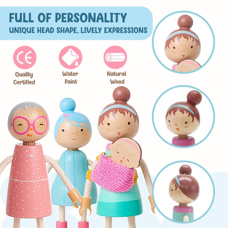 Giant bean Wooden Family Dolls Set of 7 for Dollhouse, Dollhouse People Miniature Dollhouse Accessories Toy for Boys Girls Kids Pretend Play 3 Years up - Image 3