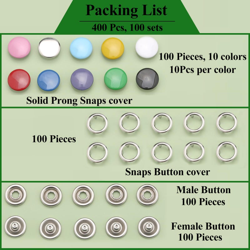 MIFOLEU Snaps for Fabric, MIFOLEU 100 Sets Metal Snaps Buttons with Fastener Pliers Press Tool Kit, Solid Prong Ring Snap Button Fasteners Kit, Perfect for DIY Crafts Clothes Hats and Sewing(9.5mm / 400 PCS) - Image 2