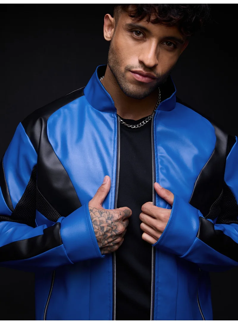 The Souled Store: Blue Ranger Men and Boys Full Sleeves Mandarin Collar Blue and Black Colour-Block Polyester Regular Fit Breathable Mesh Inserts Zippered Closure Winter Jacket