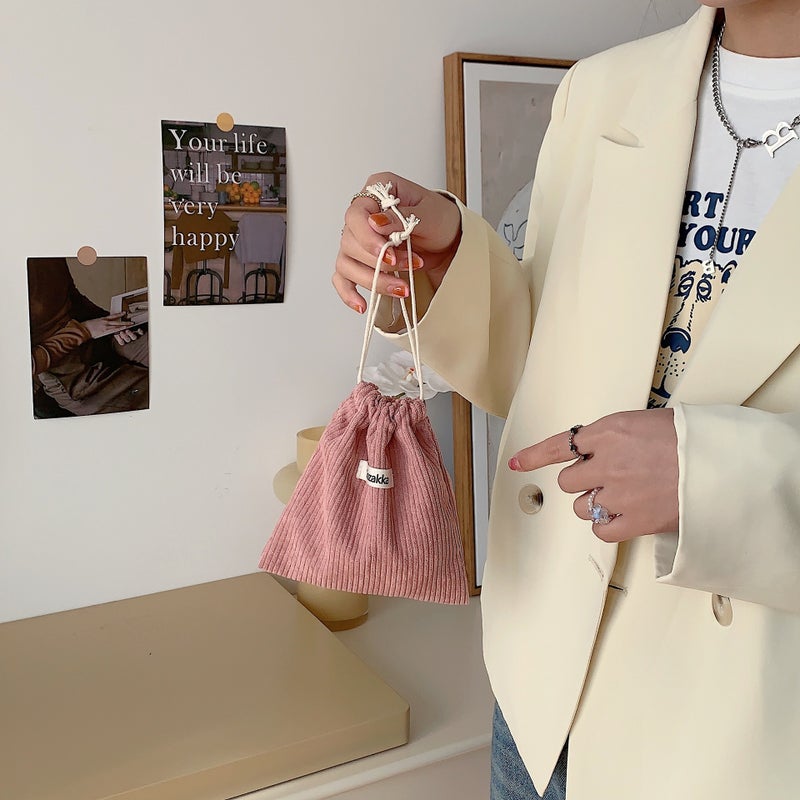Corduroy Pouch Drawstring Makeup Bag for Women Meat powder 
