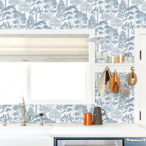 Lativo Blue and White Wallpaper Modern Peel and Stick Wallpaper Forest Tree Contact Paper for Cabinets Liner Toile Self-Adhesive Removable Boho Contact Paper for Bathroom Waterproof 17.3inW 78.7inL - Image 5
