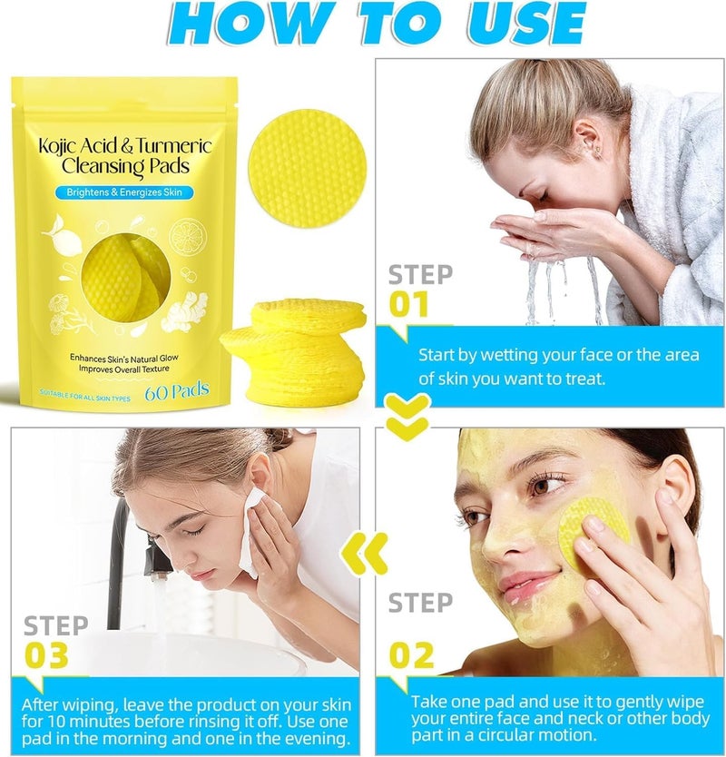 PARVY® Turmeric & Kojic Acid Face Cleansing Pads for Dark Spots, Skin Brightening & Acne Prevention | Vitamin C, Retinol & Chamomile Hydrolat | Exfoliating Turmeric Pads Suitable for all Skin Types (60Pcs) - Image 3