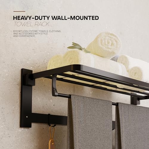 MIORAH Towel Hanger for Bathroom Basket Towel Rack and Hanger with Hooks and Bar | Best Bathroom Accessories and Organiser(Black) - Image 3