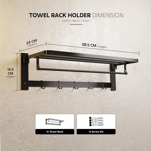 MIORAH Towel Hanger for Bathroom Basket Towel Rack and Hanger with Hooks and Bar | Best Bathroom Accessories and Organiser(Black) - Image 2