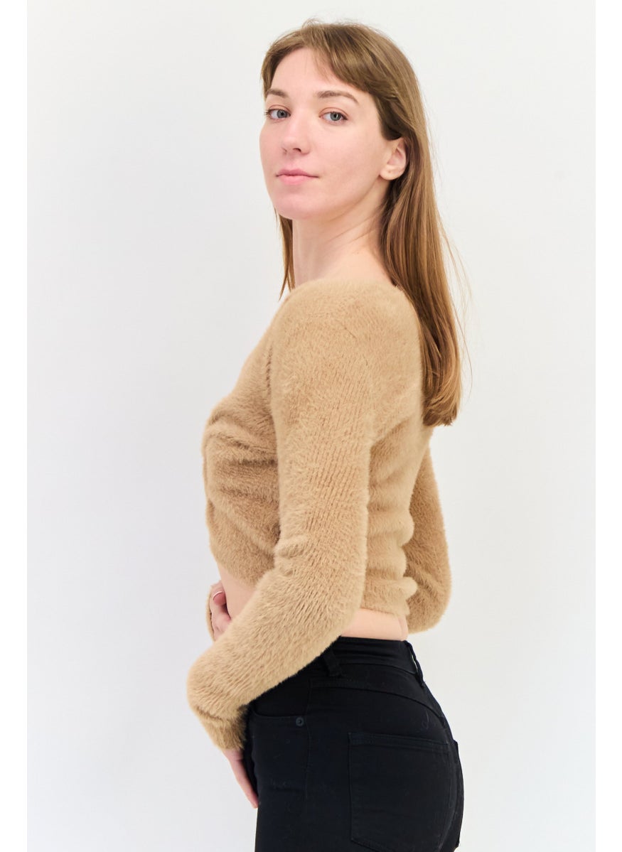 Aerie Women V Neck Solid Twisted Sweater, Brown  - Image 2