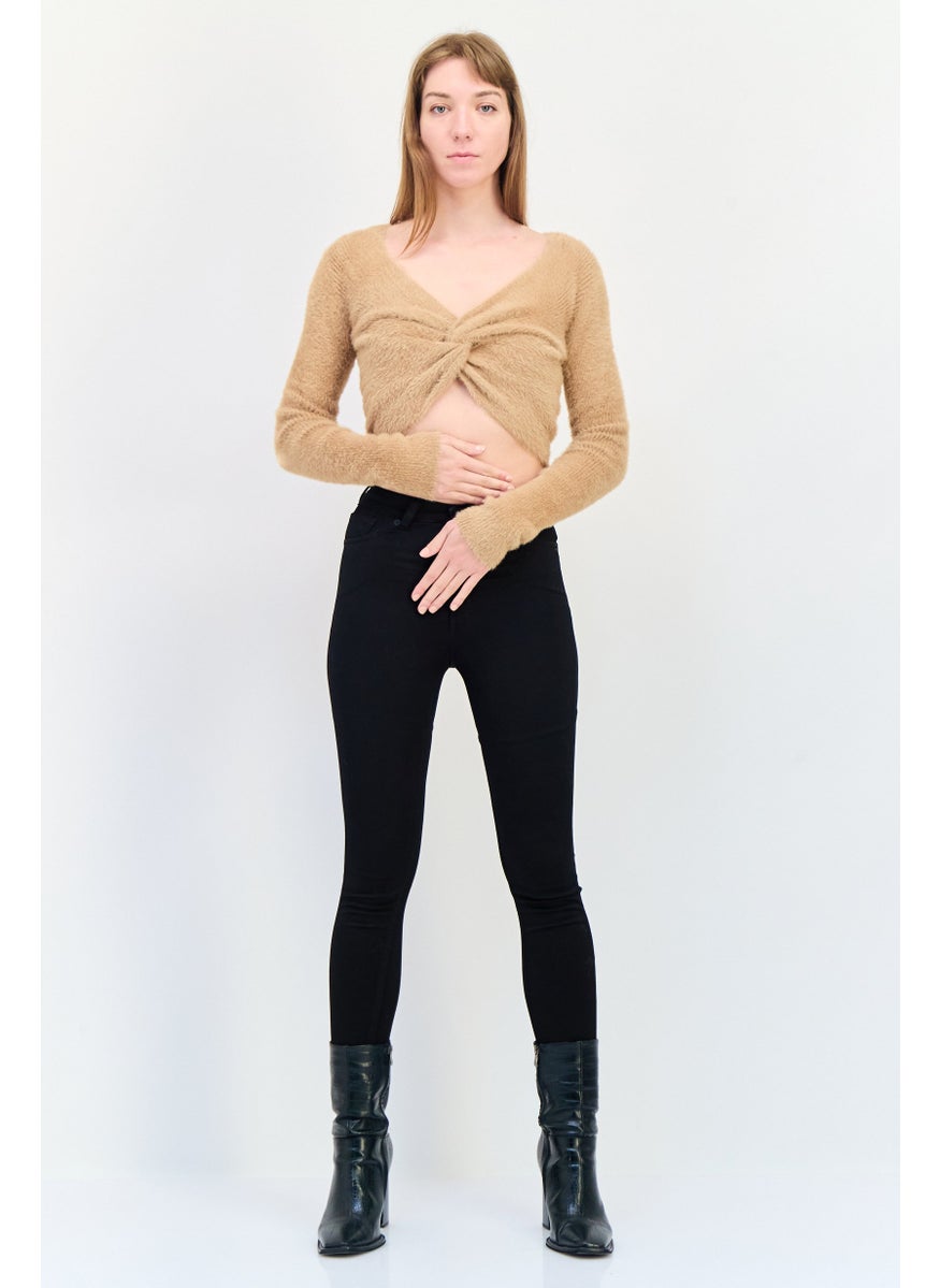 Aerie Women V Neck Solid Twisted Sweater, Brown  - Image 4