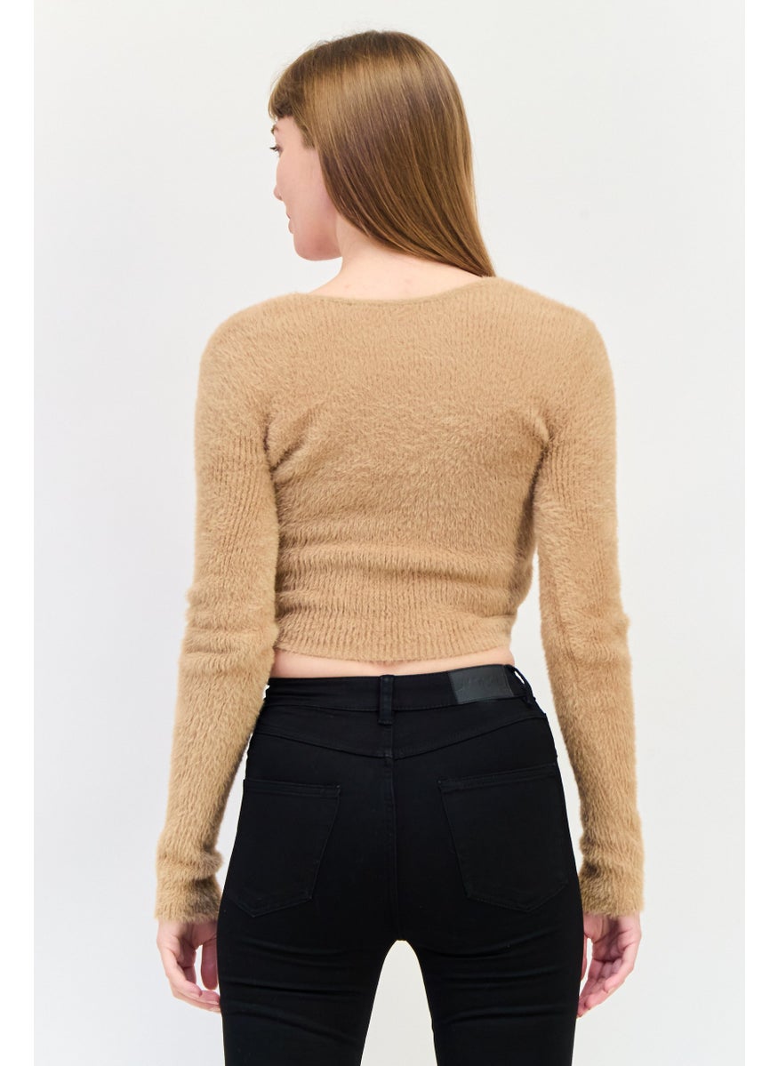 Aerie Women V Neck Solid Twisted Sweater, Brown  - Image 3