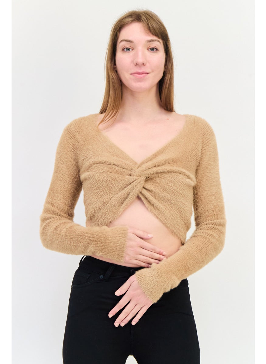 Aerie Women V Neck Solid Twisted Sweater, Brown  - Image 1