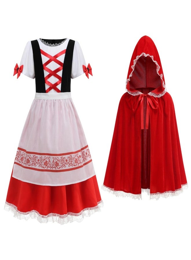 HAPNBCELE Little Red Riding Hood Costume for Girls Fancy Dress Up with Velvet Cape Cloak Halloween Christmas Cosplay Outfits(6-8Years) - Image 1