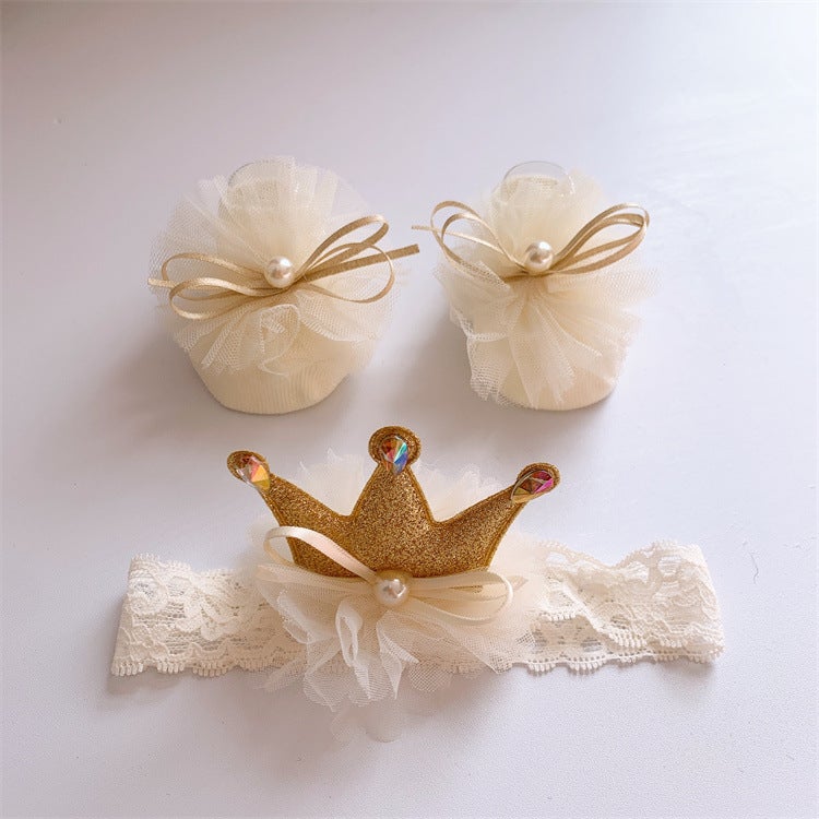Generic Baby Princess Headband Socks Set Gift Beige/Gold Crown (Bags) 