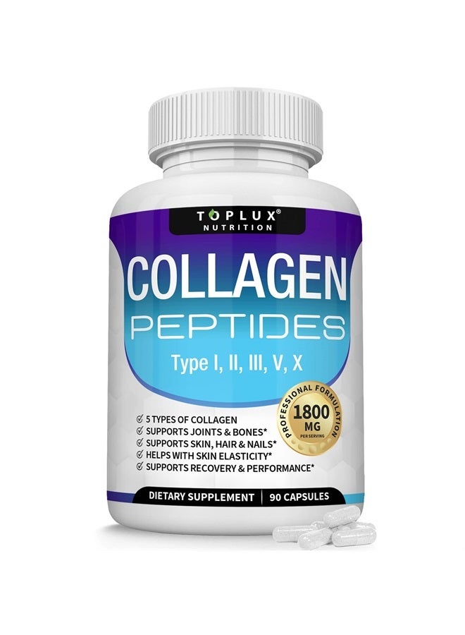Toplux Multi Collagen Peptides Pills 1800 Mg Complex - Type I, II, III, V, X Premium Collagen Complex for Better Skin & Hair, Strong Joint, Hydrolyzed Protein, for Men Women, 90 Capsules, Supplement - Image 1