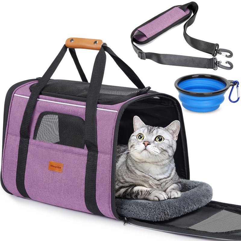 Morpilot Cat Carrier - Cat Carrier Soft for Medium or Large Cats up to 20lbs, with Dual-Sided Cushion, Secure Buckle and Foldable Bowl, Dog Carriers for Small Dogs(Purple)-17.3" L x 12.2" W x 13.4" H - Image 1