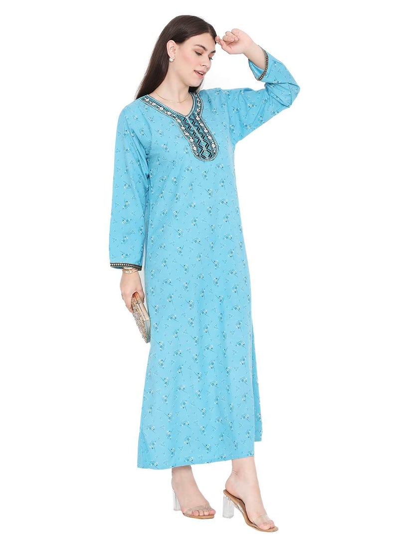 HANA & SARA - MODEST WEAR WITH PRINTED AND EMBROIDERED LONG ARABIC KAFTAN JALABIYA DRESS - Image 1