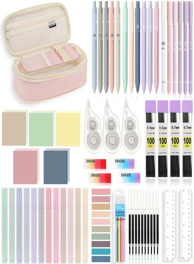 MoKo 60Pcs Aesthetic School Supplies with Cute Pencil Case,12 Pastel Highlighters,5 Black Ink Gel Pens,6 Mechanical Pencil Set 0.5 & 0.7 mm for Students Stationary College Essentials - Image 1