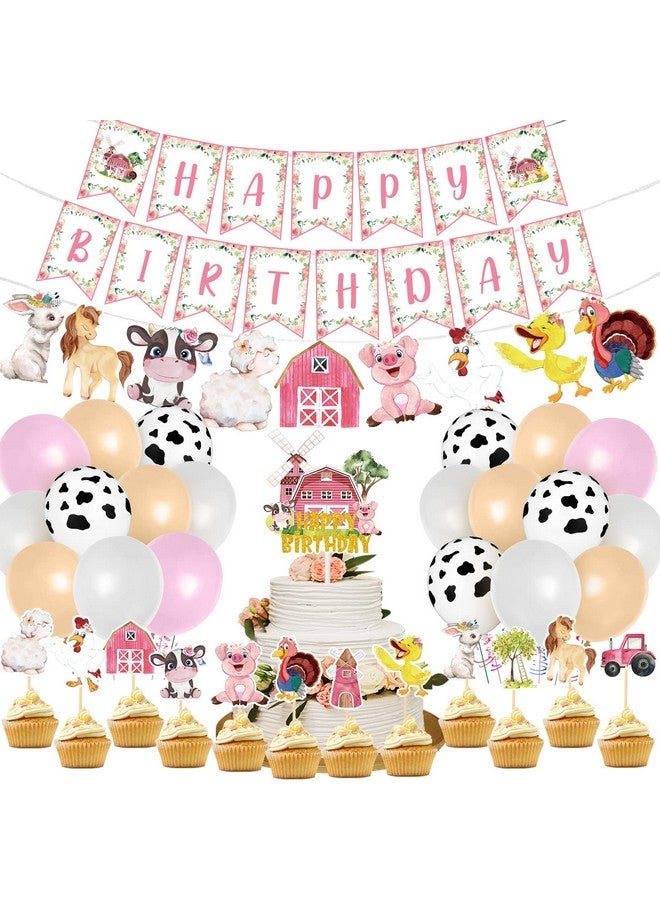 Hungdao 58 Pcs Farm Animals Birthday Party Decorations Pink Barnyard Farm Animal Theme Party Supplies Include Cow Print Balloons Farm Animal Cupcake Toppers Happy Birthday Banner For Kids Girls Baby Shower - Image 2