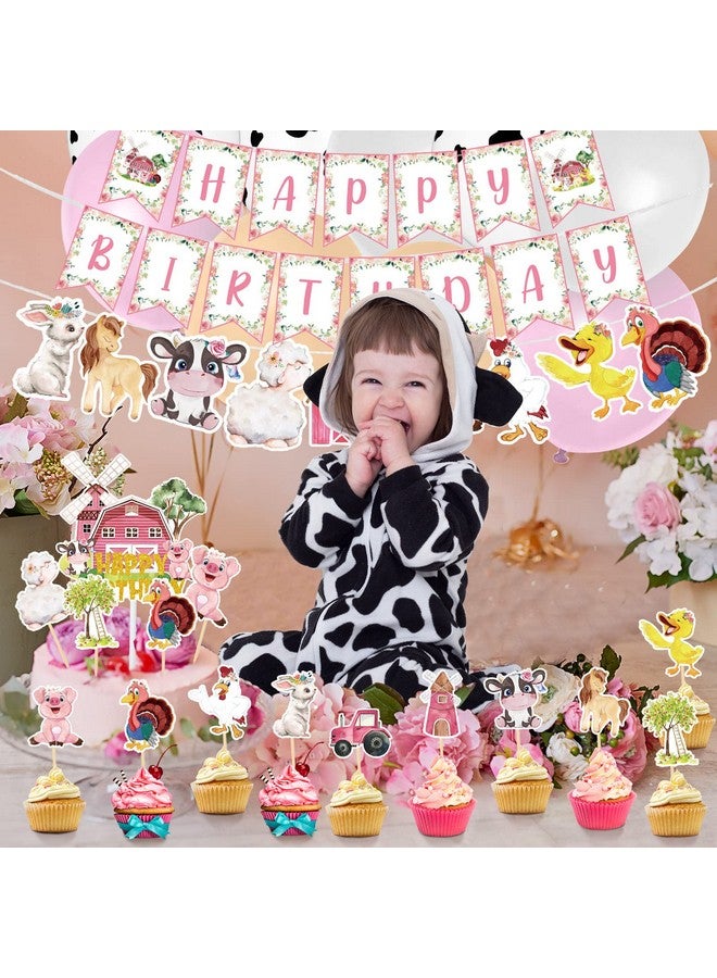 Hungdao 58 Pcs Farm Animals Birthday Party Decorations Pink Barnyard Farm Animal Theme Party Supplies Include Cow Print Balloons Farm Animal Cupcake Toppers Happy Birthday Banner For Kids Girls Baby Shower - Image 3