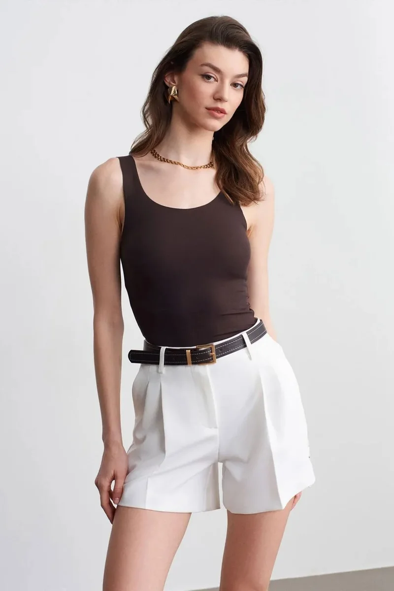 Dilvin Coffee Brown DILVIN Fitted Sleeveless Cotton-blend Cami Blouse for Women | Best Price UAE
