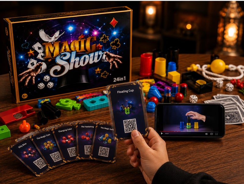 ماجيك لعبة ماجيك شو 24 في 1 لتعليم الخدع السحرية للأطفال – 24 خدعة سحرية مع بطاقات تعليمية وباركود QR لفيديوهات الشرح – مناسبة للأعمار 6 سنوات فأكثر - Image 4