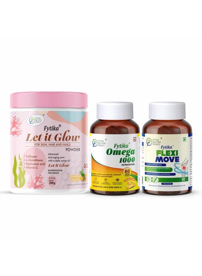 Fytika Let it Glow Pineapple, Collagen Powder-200G + Fytika Omega 1000 (Omega-3 Fatty acids)-60 Caps + Flexi Move| Glucosamine, Rosehip Powder extract-60 Tabs - Image 1