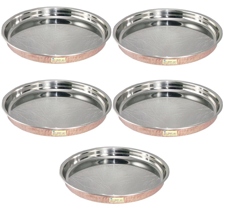 SHIV SHAKTI ARTS SHIV SHAKTI ARTS Handmade Set of 5 Steel Copper Thali Plate for Dinnerware Diameter12inch  - Image 1