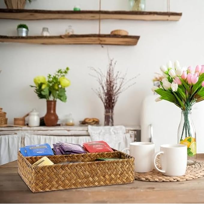 joyzzz Tea Bag Tray Straw Weaving Tea Bag Organizer With Four Small Cells Brown Coffee Station Organizer Seagrass Storage Basket Rustic Coffee Bar Decor Tea Bag Holder Tray For Drawer Countertop - Image 3