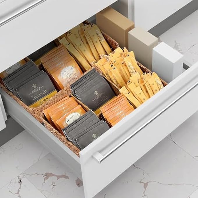 joyzzz Tea Bag Tray Straw Weaving Tea Bag Organizer With Four Small Cells Brown Coffee Station Organizer Seagrass Storage Basket Rustic Coffee Bar Decor Tea Bag Holder Tray For Drawer Countertop - Image 4