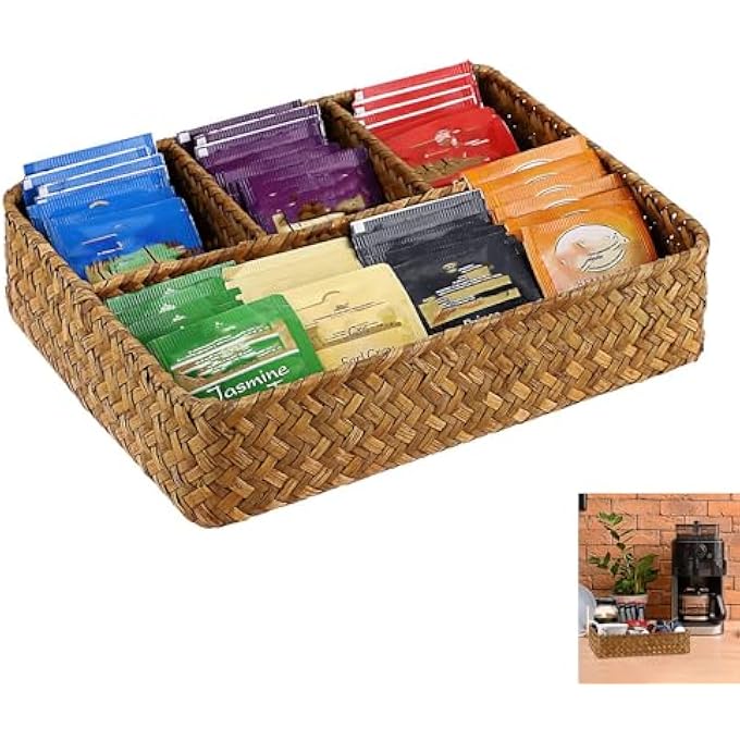 joyzzz Tea Bag Tray Straw Weaving Tea Bag Organizer With Four Small Cells Brown Coffee Station Organizer Seagrass Storage Basket Rustic Coffee Bar Decor Tea Bag Holder Tray For Drawer Countertop - Image 1