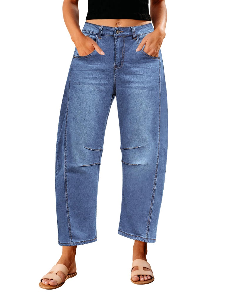 GRAPENT Barrel Jeans for Women Balloon Wide Leg Cropped Trendy Jeans Boyfriend High Waisted Jean Pants Casual Stretchy Summer Denim Trousers Color Medium Blue Medium Size 8 to 10 - Image 1