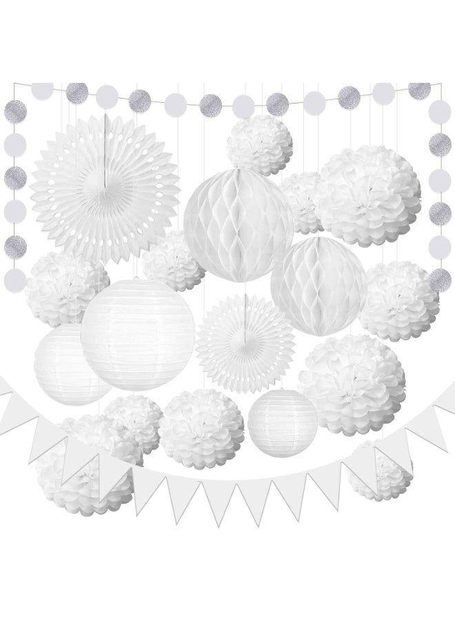 Mordely 20 Pcs White Decorative Pom Poms for Wedding Decoration Vintage Paper Lanterns Honeycomb Pom Poms - with Garland and Hanging Tissue Paper Sequins for Birthday Party - Image 1