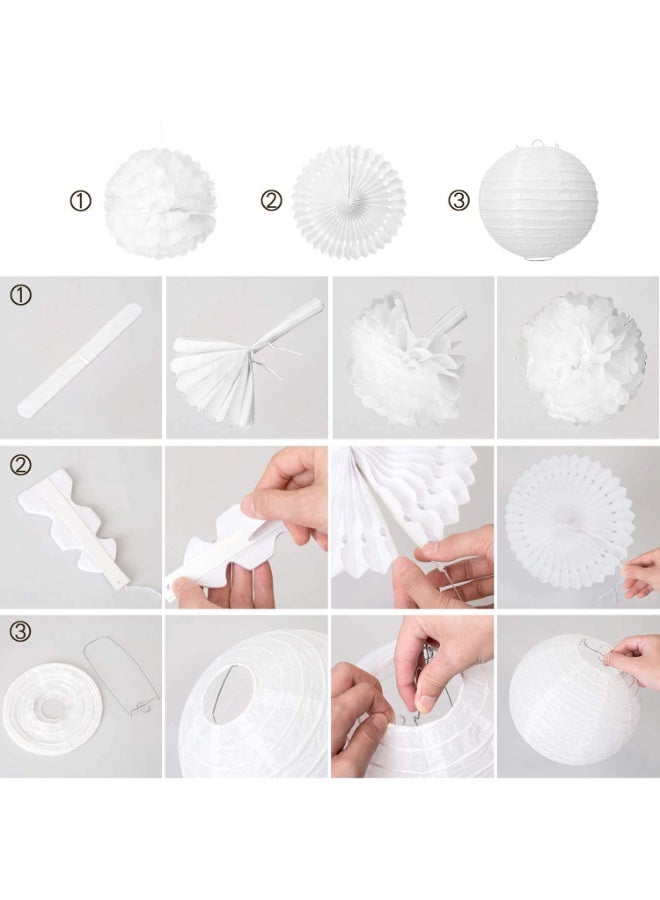 Mordely 20 Pcs White Decorative Pom Poms for Wedding Decoration Vintage Paper Lanterns Honeycomb Pom Poms - with Garland and Hanging Tissue Paper Sequins for Birthday Party - Image 4