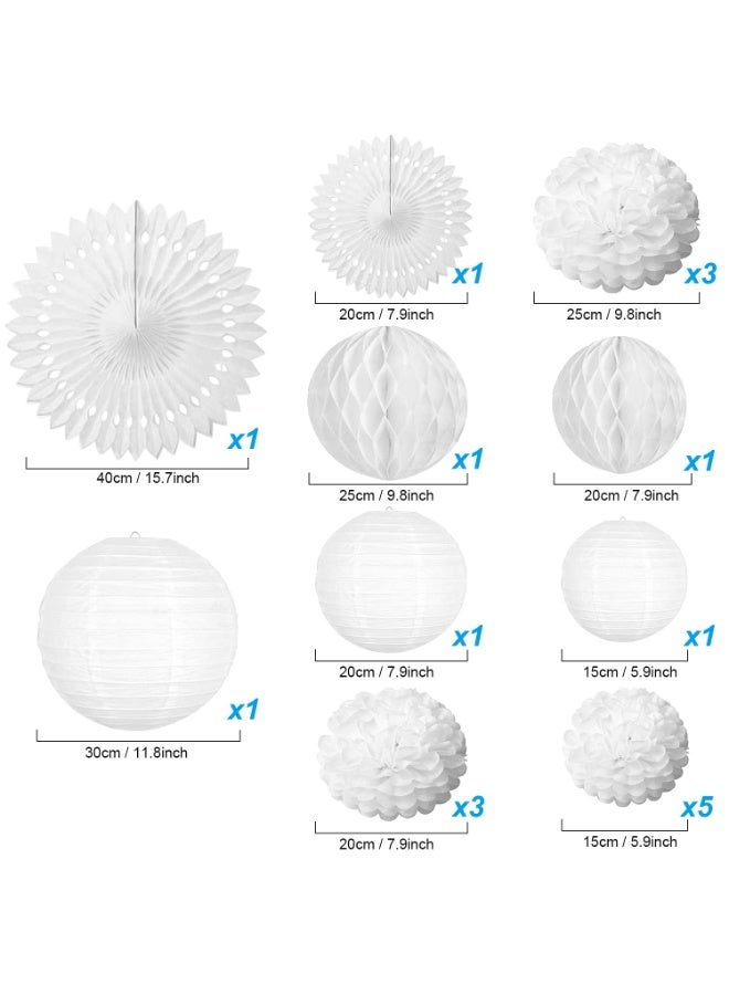 Mordely 20 Pcs White Decorative Pom Poms for Wedding Decoration Vintage Paper Lanterns Honeycomb Pom Poms - with Garland and Hanging Tissue Paper Sequins for Birthday Party - Image 2