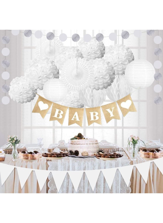 Mordely 20 Pcs White Decorative Pom Poms for Wedding Decoration Vintage Paper Lanterns Honeycomb Pom Poms - with Garland and Hanging Tissue Paper Sequins for Birthday Party - Image 5
