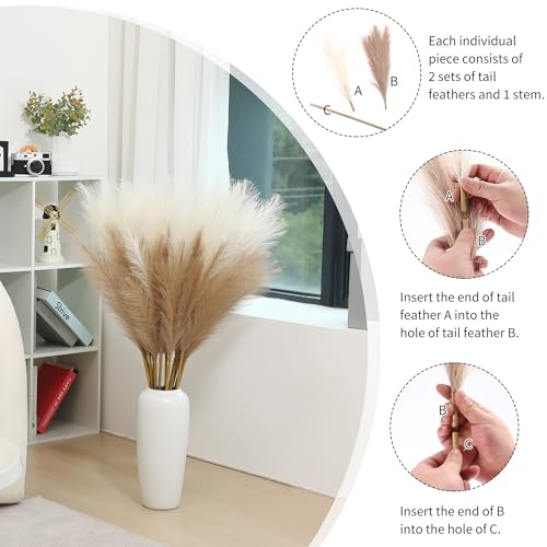 Wertuirk 9 Stems Faux Pampas Grass - 38 Inch Long Fluffy Pompous Grass Bulk, Big Artificial Pompas Floral for Baby Shower Decoration, Wedding Centerpieces and Boho Home Decor (Beige & Taupe) - Image 3