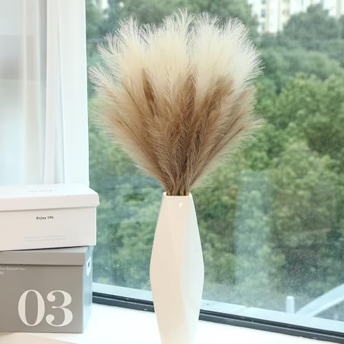 Wertuirk 9 Stems Faux Pampas Grass - 38 Inch Long Fluffy Pompous Grass Bulk, Big Artificial Pompas Floral for Baby Shower Decoration, Wedding Centerpieces and Boho Home Decor (Beige & Taupe) - Image 1