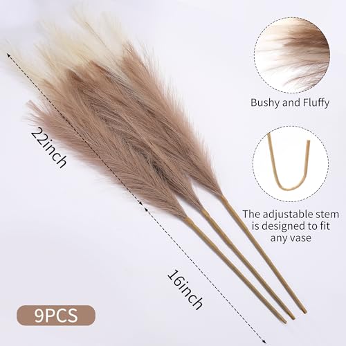 Wertuirk 9 Stems Faux Pampas Grass - 38 Inch Long Fluffy Pompous Grass Bulk, Big Artificial Pompas Floral for Baby Shower Decoration, Wedding Centerpieces and Boho Home Decor (Beige & Taupe) - Image 2
