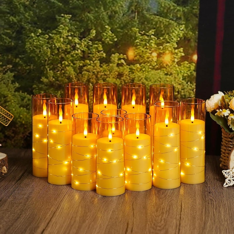 LTETTES Set of 12 Flameless LED Candles | Embedded Star String | Battery Operated | Remote | Gold Flickering Wick for Christmas| Weddings| Home Decor & Party (D 2.3"×H 5.5" 6.5" 7.5") - Image 2