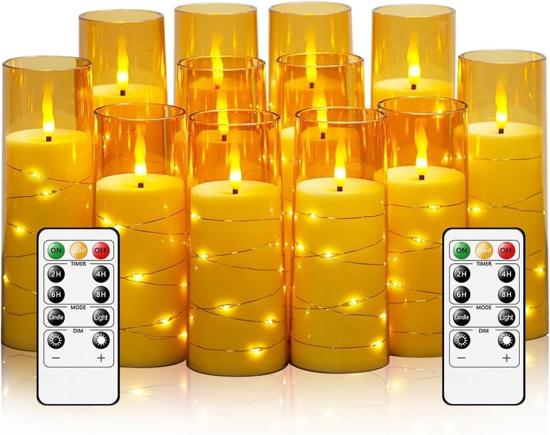 LTETTES Set of 12 Flameless LED Candles | Embedded Star String | Battery Operated | Remote | Gold Flickering Wick for Christmas| Weddings| Home Decor & Party (D 2.3"×H 5.5" 6.5" 7.5") - Image 1