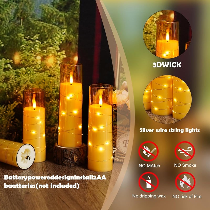 LTETTES Set of 12 Flameless LED Candles | Embedded Star String | Battery Operated | Remote | Gold Flickering Wick for Christmas| Weddings| Home Decor & Party (D 2.3"×H 5.5" 6.5" 7.5") - Image 3