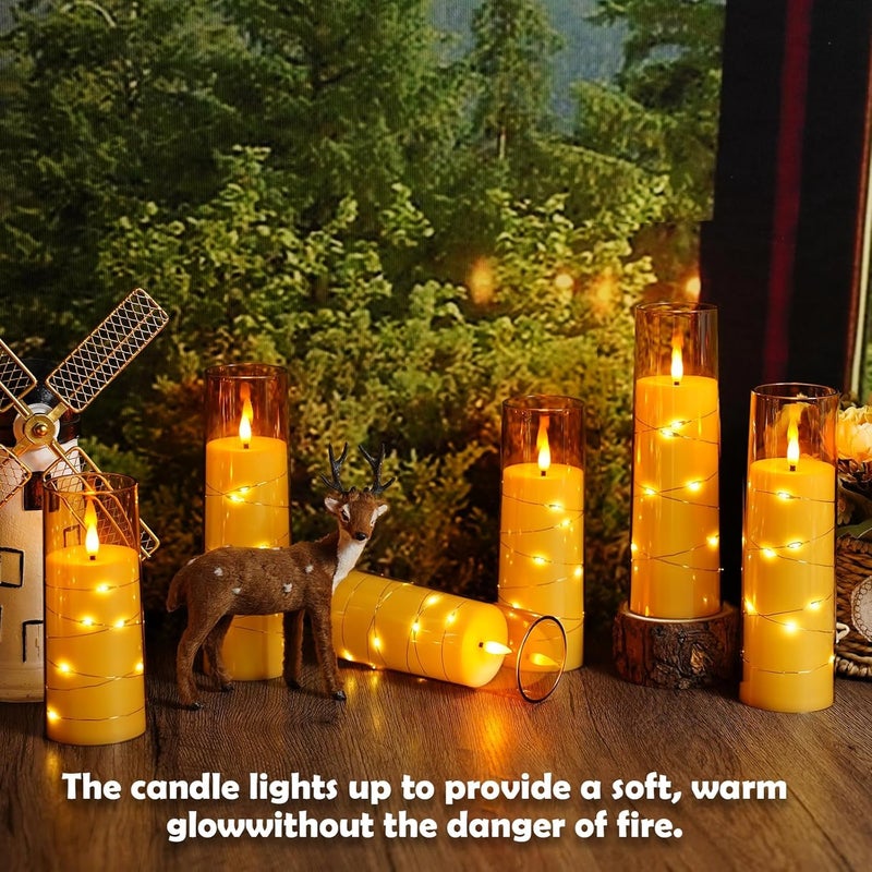 LTETTES Set of 12 Flameless LED Candles | Embedded Star String | Battery Operated | Remote | Gold Flickering Wick for Christmas| Weddings| Home Decor & Party (D 2.3"×H 5.5" 6.5" 7.5") - Image 4