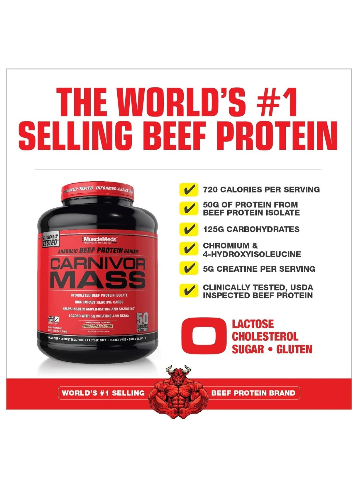 MuscleMeds Carnivor Mass Anabolic Beef Protein Gainer Chocolate Fudge Flavor 5.83 Lbs.